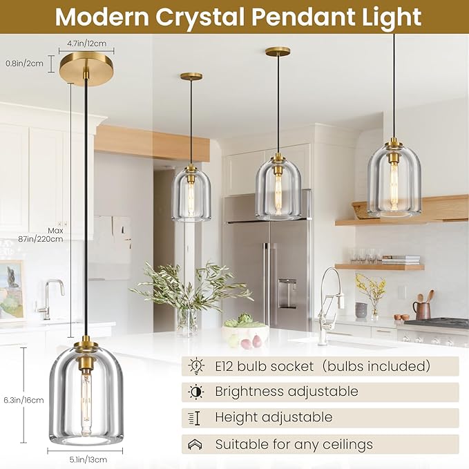 Crystal Pendant Light Kitchen Island: 5.1" Vintage Brass Hanging Lights above Dining Table - Modern K9 Crystals Lighting over Kitchen Sink - Luxury Gold Cylinder Pendants Light Fixtures Bulbs Included