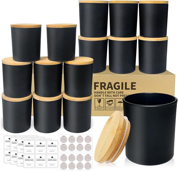 15 Pack Glass Candle Jars- 7 fl.oz Matt Black Empty Candle Jars with Bamboo Lids and Sticky Labels, Bulk Candle Containers for Making Candles for Halloween
