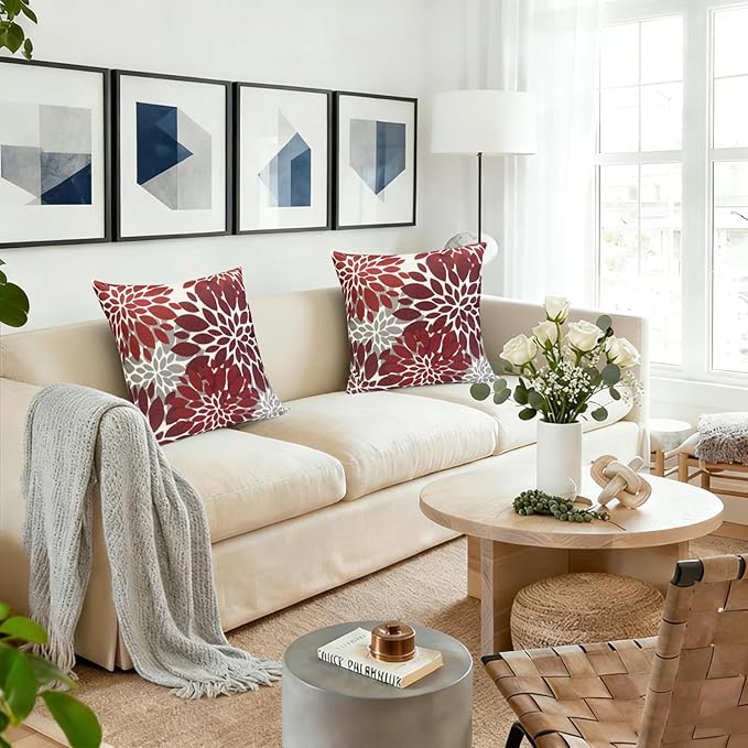 Decorative Throw Pillow Covers Set of 2 Wine Red Pillow Covers 20x20 Inch Couch Pillow Covers for Sofa Living Room Outdoor Throw Pillow Cover Linen Square Floral Flower Farmhouse Pillowcase
