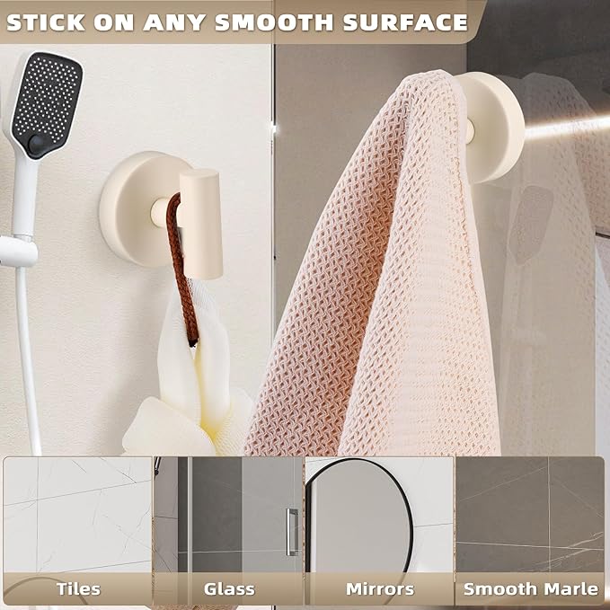 Suction Cup Hooks for Shower - Bathroom Reusable Hooks for Towels, Robes & Loofah - No-Drill Mounting on Kitchen,Walls,Metal,Glass,Mirrors,Tile & Smooth Non-Porous Surfaces (4, Milk White)