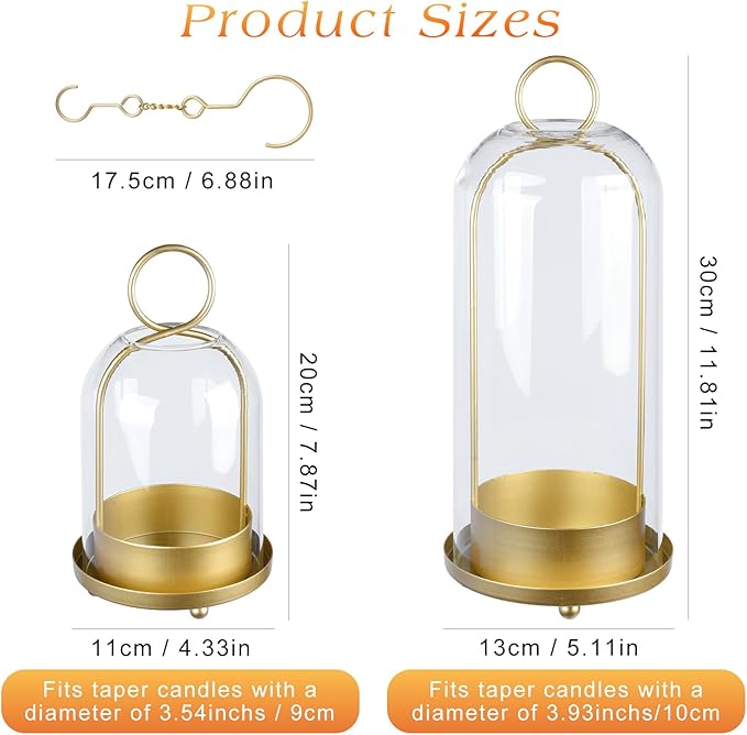 Fohil 5" & 4" Hurricane Glass Candle Holders, Set of 2 Metal Candle Holder with Handmade Sturdy Glass Dome, Candle Lantern for Pillar Candles, Plants, Table Centerpiece, Home Decor
