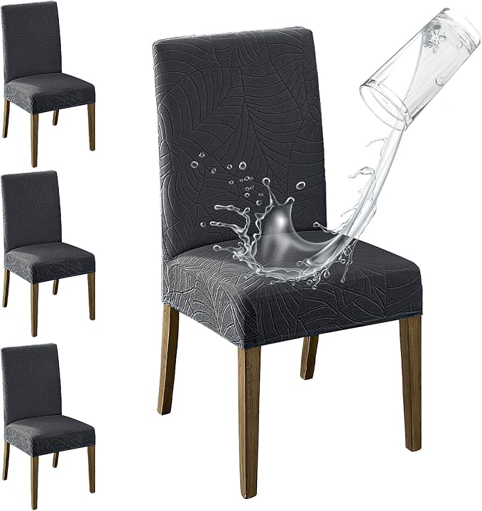 MOSAYT 100% Waterproof Dining Room Chair Covers Set of 4, Super Fit Stretch Jacquard Parson Chairs Slipcovers Removable Washable Chair Seat Protectors for Home, Kitchen, Banquet (Dark Grey - XL)