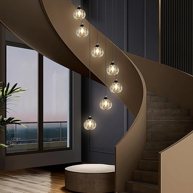 Crystal Chandeliers for Staircases, 7-Light Black Modern Chandeliers for High Ceilings，Crystal Pendant Light Fixture for Living Room Kitchen Island Foyer Hallway Bar