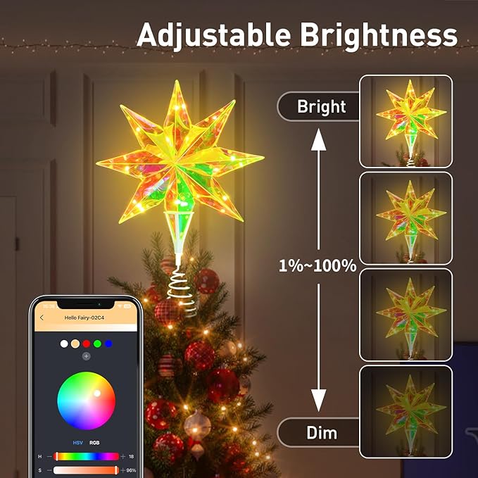 Smart Christmas Tree Topper, 15.5 Inch 3D Holographic Bethlehem Star Tree Topper, App and Remote Control, RGB Color Changing, Music Sync, Dimmable for Xmas Tree Home Party Decor