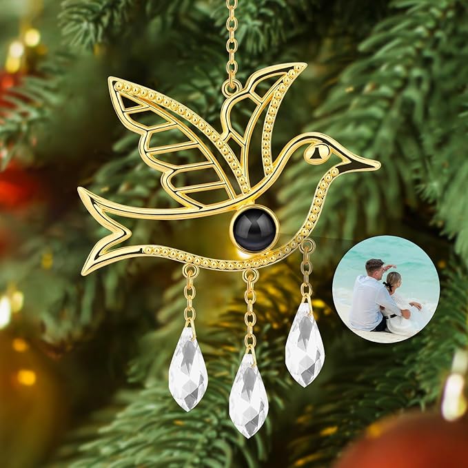 SUPHELPU Custom Bird Ornament with Picture Inside, Photo Ornaments for Christmas Tree, Personalized Christmas Projection Ornament, Customized Memorial Pendant for Xmas Family