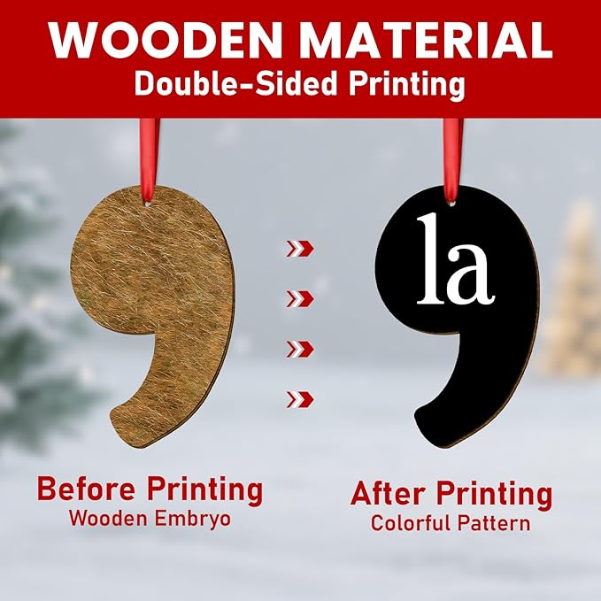 Gifts for Christmas 2025, Comma Christmas Ornament Wooden Doubled-Side Printed, Comma Hanging Xmas Decorations, Birthday Motivational Gifts for Women Men