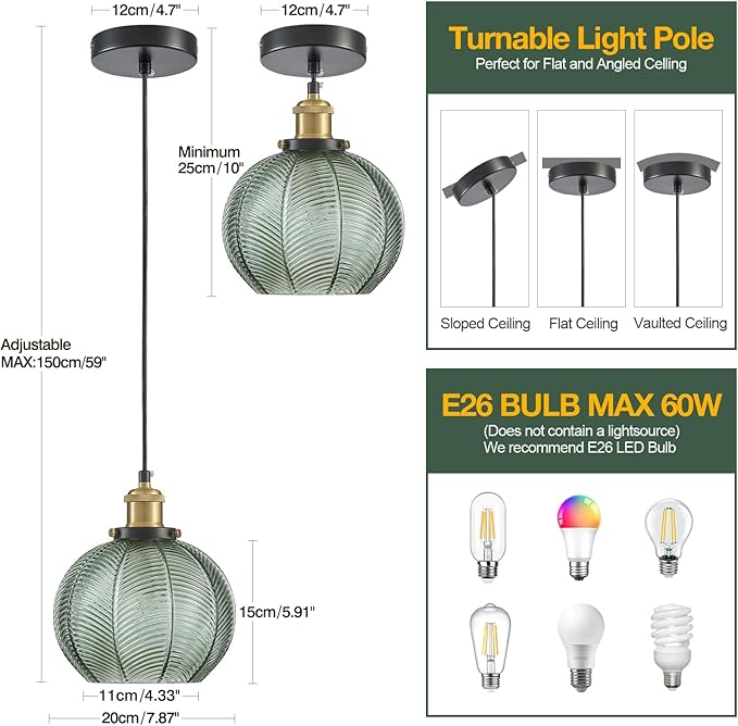 7.8in Vintage Pendant Light 2- Light Kitchen Sink Pendant Lights with Green Hand Blown Glass Small Hanging Lamp for Kitchen Island Dining Room Bedroom Bathroom Hallway E26
