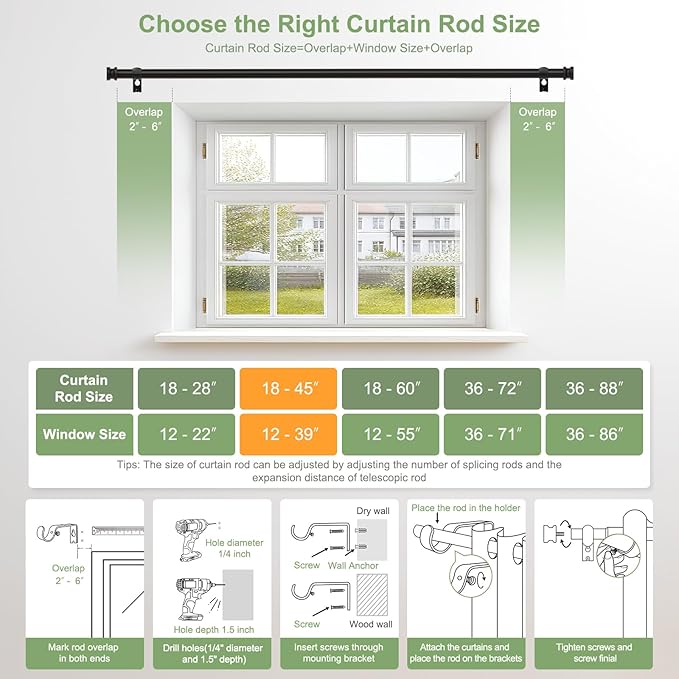 Sturdy Durable Curtain Rod:Black Curtain Rods for Windows 18-45 Inch,Adjustable Heavy Duty Curtains Rod for Bedroom/Kitchen/Dorm/Apartment/Door,Small Modern Decorative Drapery Rods (All-Metal)