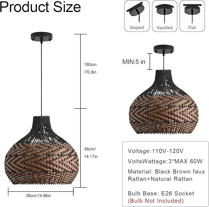3-Light Rattan Pendant Light,15" Hand-Woven Black Brown Faux Rattan Hanging Light Boho 1-Pack Wicker Basket Chandelier,for Living Room Bedroom Kitchen Dining Farmhouse