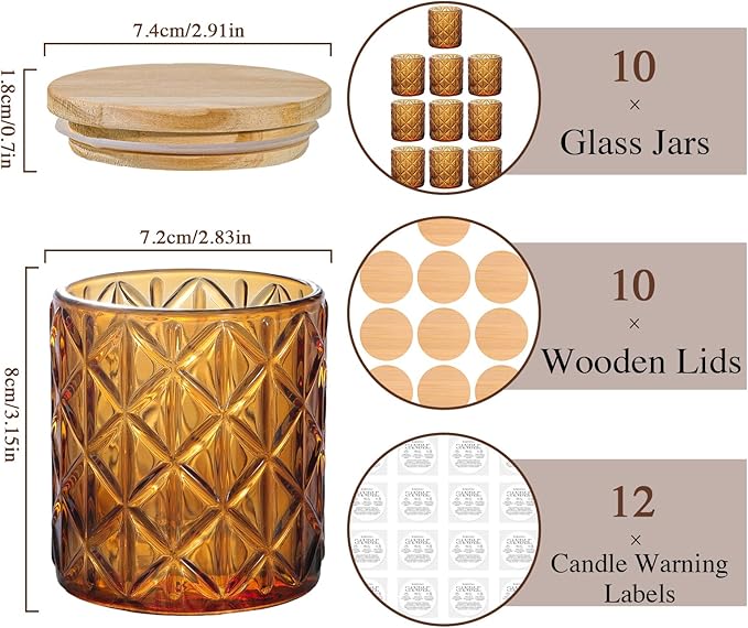 Lanttu 10pcs Empty Amber Diamond Glass Candle Jars, 7oz Glass Candle Containers with Wooden Lids and Labels, Candle Vessels for DIY, Gifts, Candle Making Supplies, Wedding Decorations