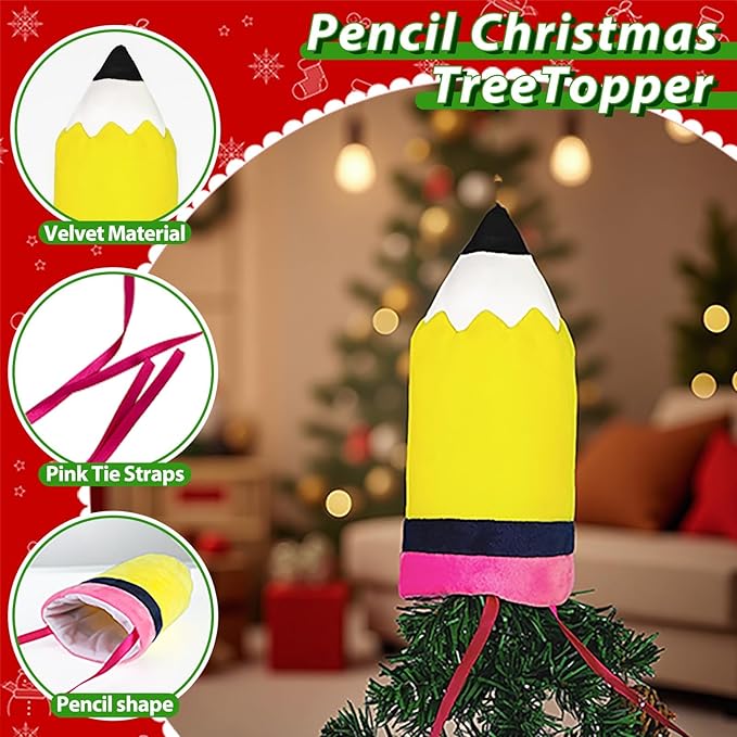 Eyourlife Pencil Christmas Tree Topper, 9inch Winter Yellow and Pink Velvet Pencil Tree Topper Decor for Party Home Office Classroom Xmas Christmas Indoor/Outdoor Tree Top Decoration Gifts