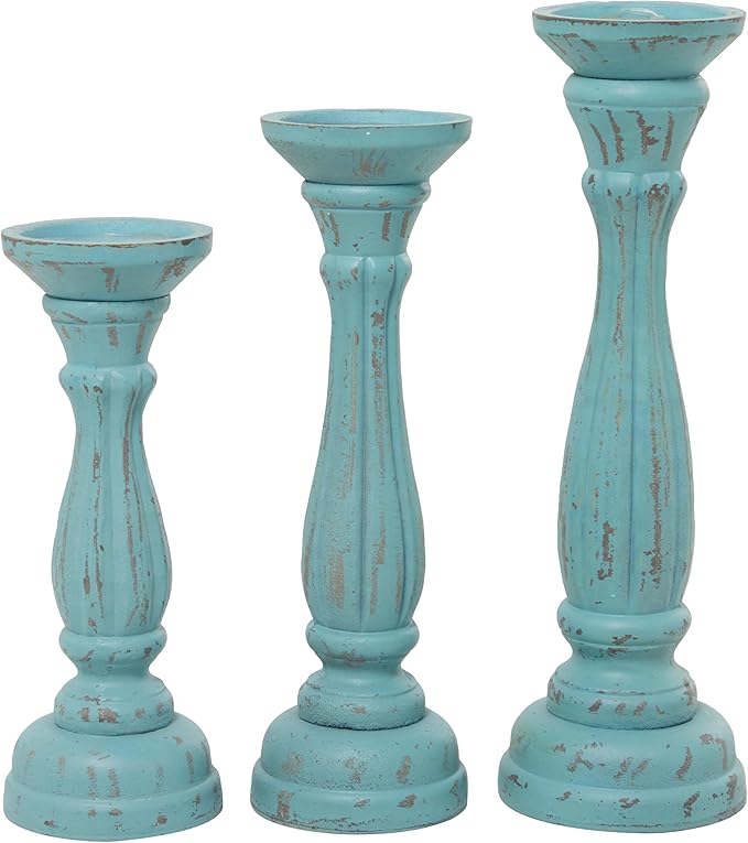 Deco 79 Wooden Decorative Candle Holder Distressed Candle Stand, Set of 3 Candlestick Holder 15", 13", 11"H, Blue