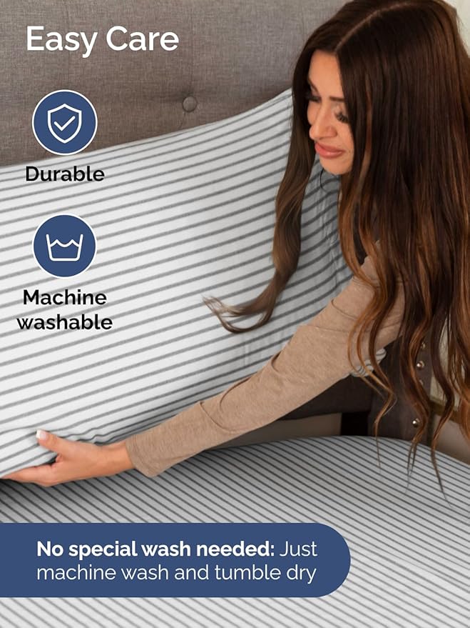 Extra Deep Full Sheet Set - 6 Piece Breathable and Cooling Sheets - Hotel Luxury Bed Sheets Set - Easy Fit - Soft, Wrinkle Free and Comfy Sheets Set - Grey Striped Sheet Set with Extra Deep Pockets