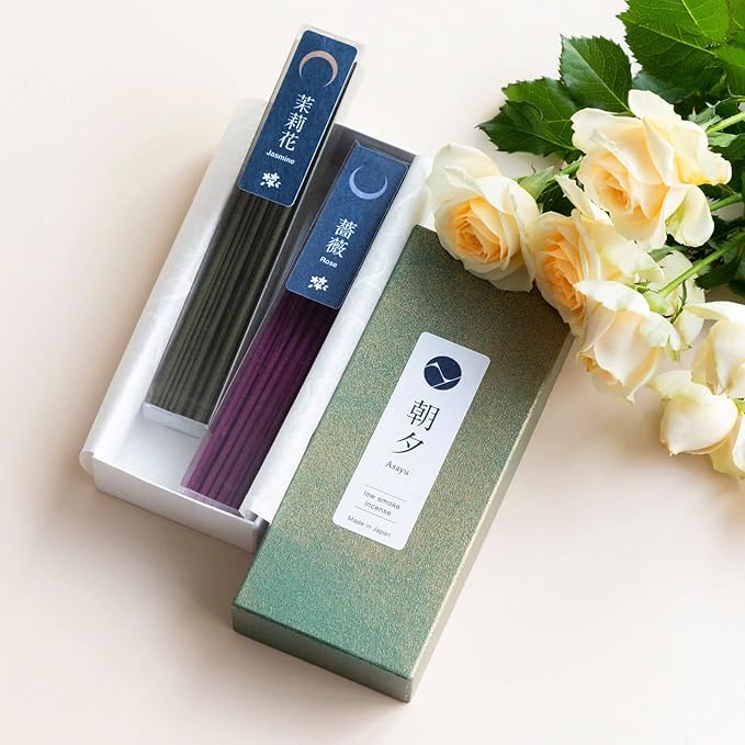 Asayu Japan Low Smoke Incense Sticks - Floral Set (Jasmine + Rose), 40gr (Each Scent 20g), for Yoga, Zen Meditation and Relaxation - Smokeless for Less Irritation