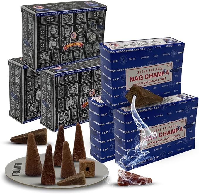 Nag Champa Super Hit Backflow Incense Cones for Waterfall Aromatic Smoke Fountain Haze Falls and Mat Bundle - Pack of 3+3