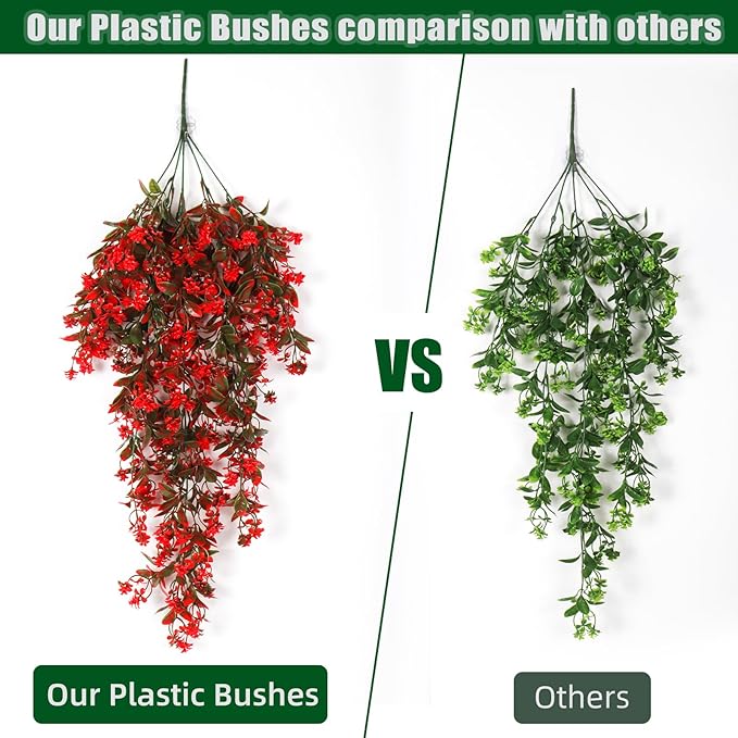RECUTMS Faux Hanging Plants 2 Pack Hanging Flowers Artificial Decor Greenery Fake Vines with Lights Strings Plastic Flowers Artificial Ivy Leaves Long Stem for Porch Patio Kitchen (Red)