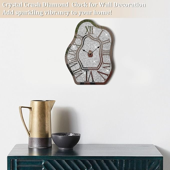 Modern Wall Clock for Living Room Decor Silver Crystal Crush Diamond Mirrored Clocks Irregular Mirror Clock Unique Wall Decorative for Bedroom Kitchen Dining Room