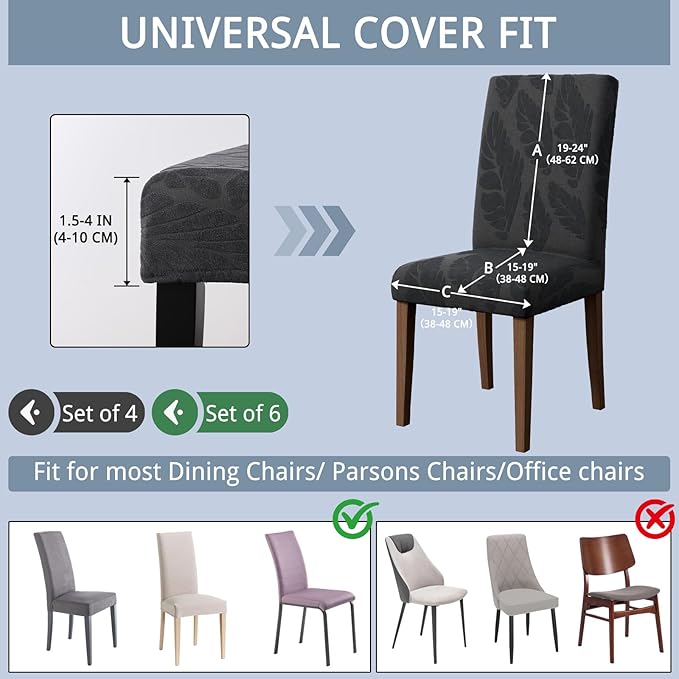 Chair Covers for Dining Room Set of 4, Washable Parson Chairs Slipcover Kitchen Seat Protector for Home, Party, Hotel, Banquet (Leaf Metallic Grey)