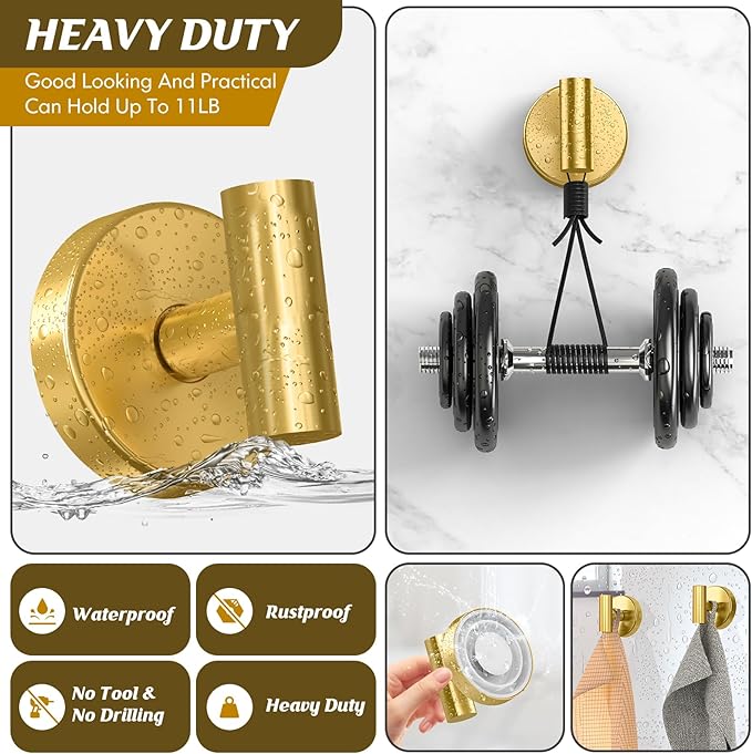 Suction Cup Hooks for Shower,Heavy Duty Shower Towel Suction Hooks,No Drill Wall Mounted Towel Hooks for Bathrooms Wall,Kitchen,Glass,Mirror,Tile to Hang Towels,Robes,Coat-Gold(4 Pack)
