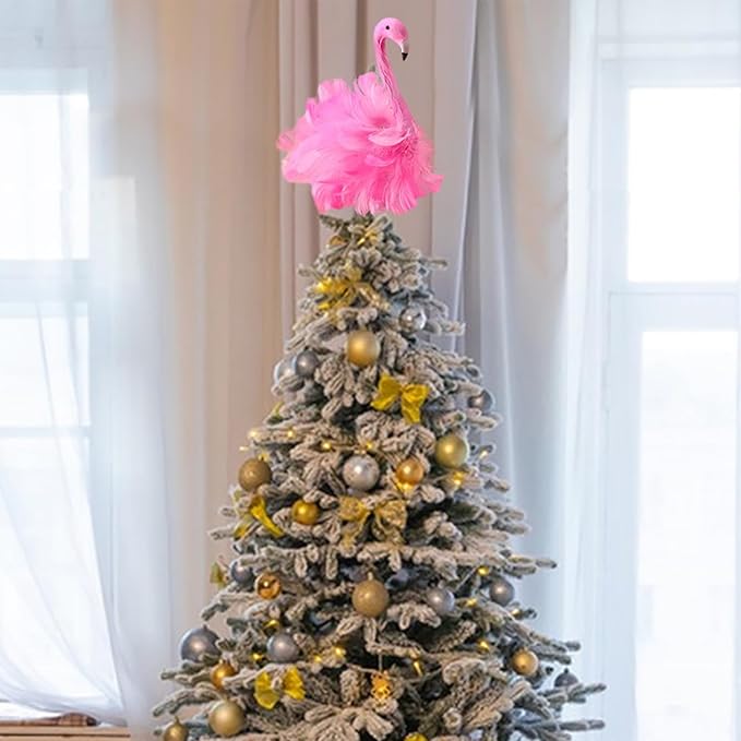 Flamingo Christmas Tree Topper Pink Artificial Feather Flamingo Christmas Tree Topper Decoration for Christmas Garden Indoor Outdoor Holiday Ornament Party (Pink)