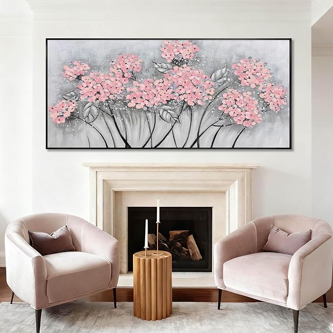 SOUGUAN Flower Wall Art Pink Wood Wall Decor Botanical Oil Painting 32"x70" Large Artwork for Bedroom Canvas Paintings for Office
