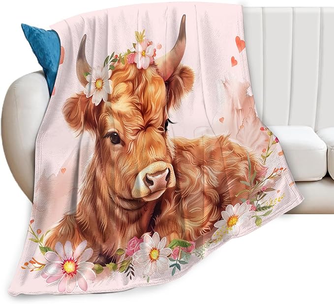 Tijuboni Pink Cow Throw Blanket Highland Cow Gifts for Girls Women Boys Men Kids Adults Soft Flannel Fleece Blanket for Couch Sofa Bed Home Decor 40"x50"