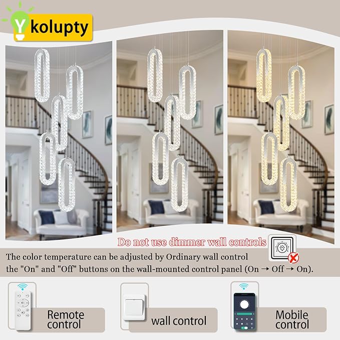 5 Rings Crystal Chandeliers for Staircase Large Pendants Light Fixture Silver High Ceiling Chandelier for Entryway Bedroom Foyer 2700K-6000K