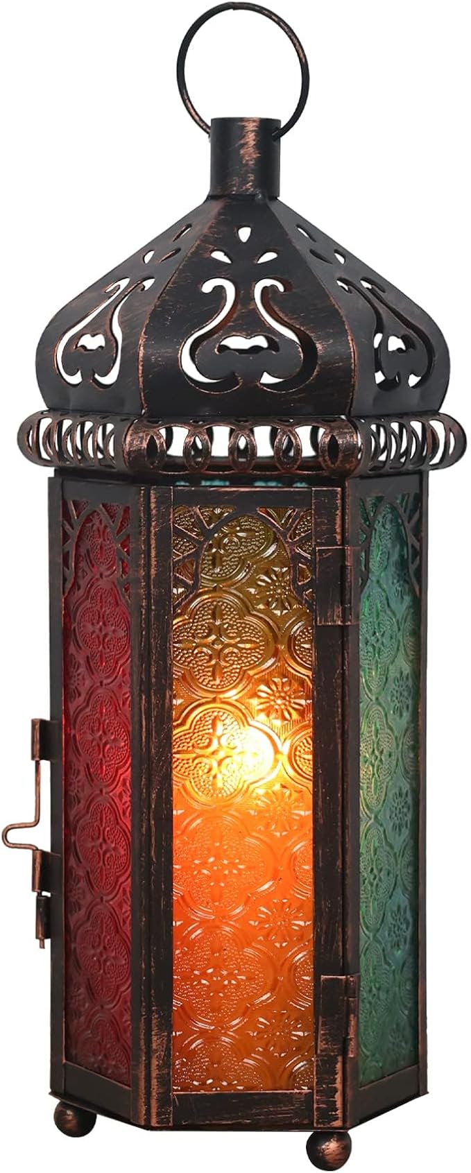 DECORKEY Ramadan Decorations, Candle Lanterns Decorative Indoor & Outdoor, 14.4'' Vintage Moroccan Hanging Lantern with 6 Colors Glass, Metal Candle Holder for Home Front Porch Patio Decor