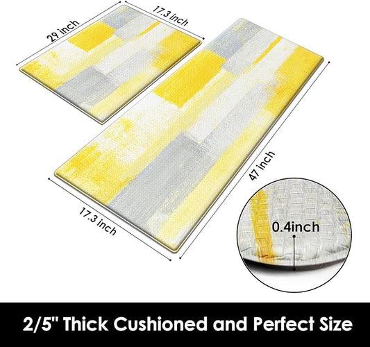 Arttown Gray Yellow Anti-Fatigue Kitchen Rug Set of 2 Office Contemporary Abstract Cushioned Floor Standing Mat Waterproof Non-Slip Kitchen Mat and PVC Ergonomic Comfort Foam Rug