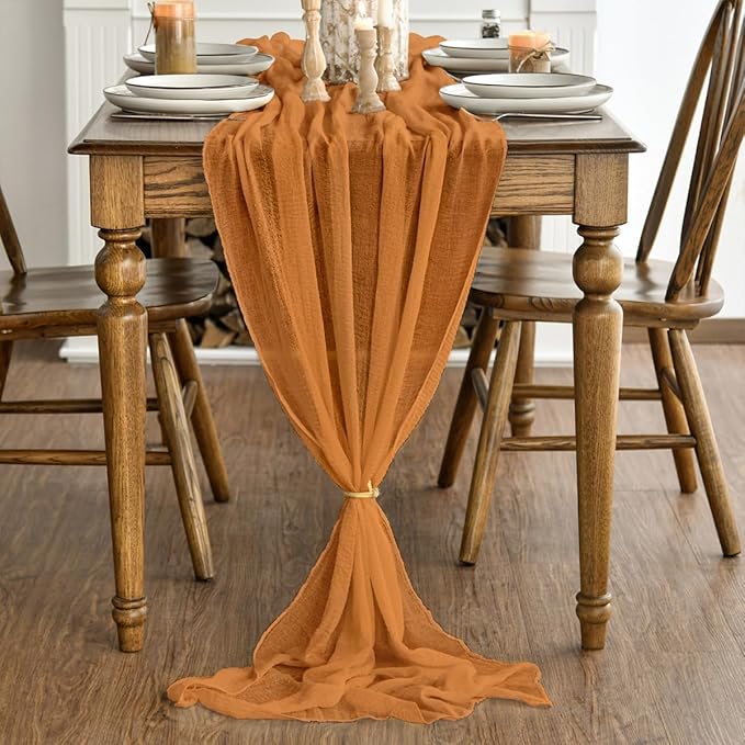 Artoid Mode Boho Cheesecloth Gauze Orange Wedding Table Runner, 160 Inch Seasonal Fall Thanksgiving Fabric Kitchen Dining Holiday Table Decor for Home Party Indoor