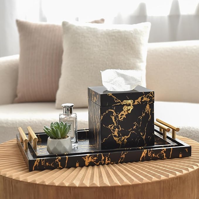 Modern Decorative Tray Set of 2 - Black and Gold Marble Wood Serving Tray with Gold Polished Metal Handles for Ottoman, Coffee Table, and More