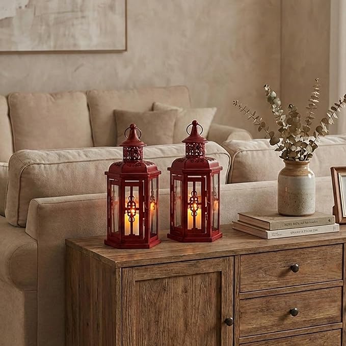 JHY DESIGN Set of 2 Decorative Candle Lanterns 10“H Vintage Hanging Lanterns Metal Candleholders for Indoor Outdoor Events Parities Gothic and Halloween (Red with Black Brush)