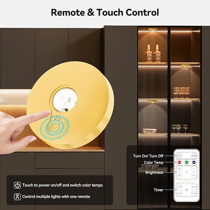 Yiliaw Rechargeable Puck Lights with Remote, 6 Pack Magnetic Under Cabinet Lighting, 1500mAh Battery Operated LED Tap Lights with Dimmer & Timmer for Kitchen, Closet, Shelf - 3 Color Temps, Gold