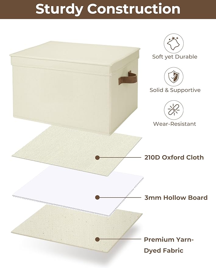 StorageWorks Storage Bins with Lids, Decorative Storage Boxes with Lid and PU Handles, Foldable Storage Baskets for Closet, Shelves, Stackable, Ivory, Jumbo, 3-Pack