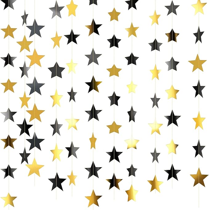 Patelai Glitter Star Garland Banner 2026 New Years Decor 130 Feet Star Hanging Banner Twinkle Backdrop for Birthday Classroom Wedding Christmas Party Supplies(Black, Gold)