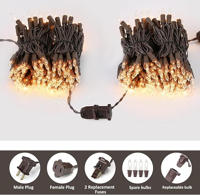 Vigdur 2 Pack 21ft 100 Clear Outdoor String Lights on Brown Wire Cord, UL Approved for Indoor/Outdoors Use, Connectable 120V Clear Outdoor Lights for Xmas Patio Home Party Garden Decor (2Packs)