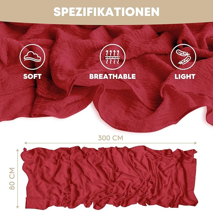 Artoid Mode Boho Cheesecloth Gauze Red Wedding Table Runner, 120 Inch Seasonal Christmas Fabric Kitchen Dining Holiday Table Decor for Home Party Indoor