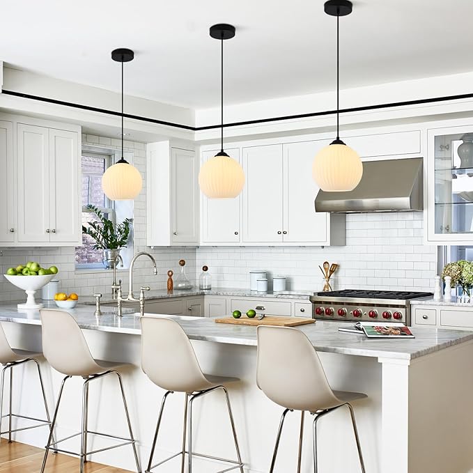 Small Milk Glass Globe Pendant Light Fixtures Black Farmhouse Pendant Lights Kitchen Island Mid Century Modern Hanging Lamp White Ribbed Glass Pendant Light