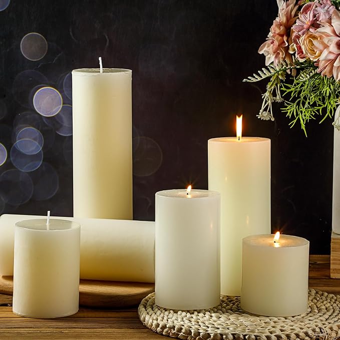 Shihanee Set of 12 Pillar Candles and Glass Cylinder Vases Clear Cylinder CandleHolders for Slim Pillar Candles Wedding Centerpieces(3.4''x 4.7'', 7'', 9.8'',Ivory White)