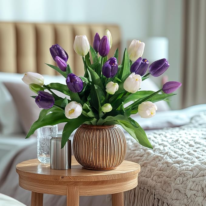 20PCS Fake Tulips Artificial Tulip Silk Flowers Fake PU Bouquet Artificial Flowers Faux Flowers with Gift Box Soft Faux Tulips Bouquets Arrangements for Party Wedding Home
