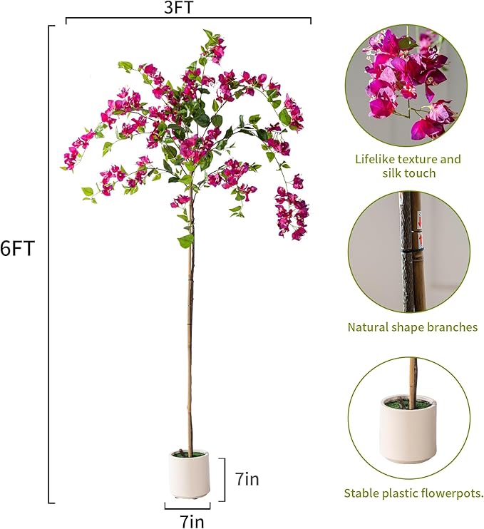 6FT Artificial Bougainvillea Tree Artificial Tree Tall Potted Fake Bougainvillea Trees for Outdoor Indoor Lifelike Potted Faux Plants with Wood Trunk and Flowers Office Wedding Home Decor