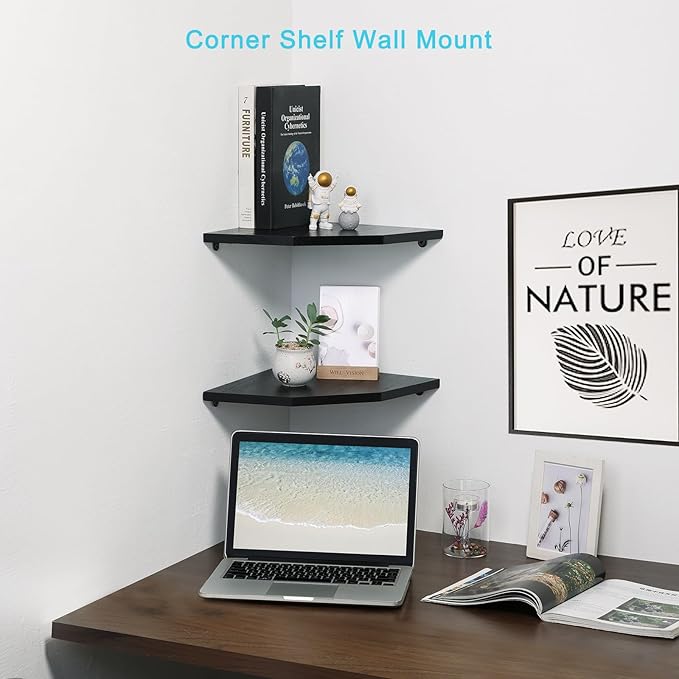 Joiishom Wood Corner Wall Shelves Set of 2, Solid Wood Corner Floating Shelves, Round End Wall Mounted Floating Corner Shelf for Bedroom, Living Room and Kitchen (Black-12 inch)