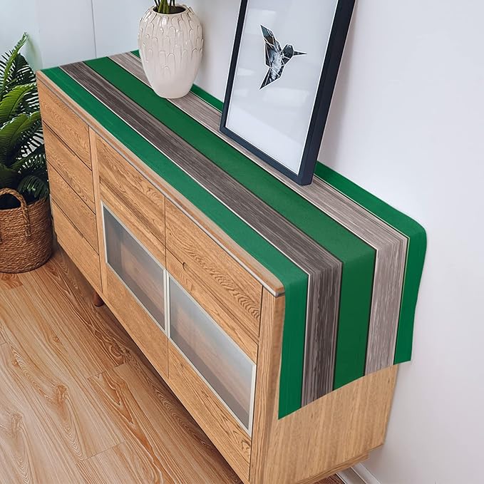 Vandarllin Table Runners 14X48 Inches Long, Forest Green Brown,Cotton Linen Farmhouse Retro Rustic Barn Wood Texture Tablecloths Non-Slip Party Table Decorations for Kitchen,Home,Dining,Outdoor,