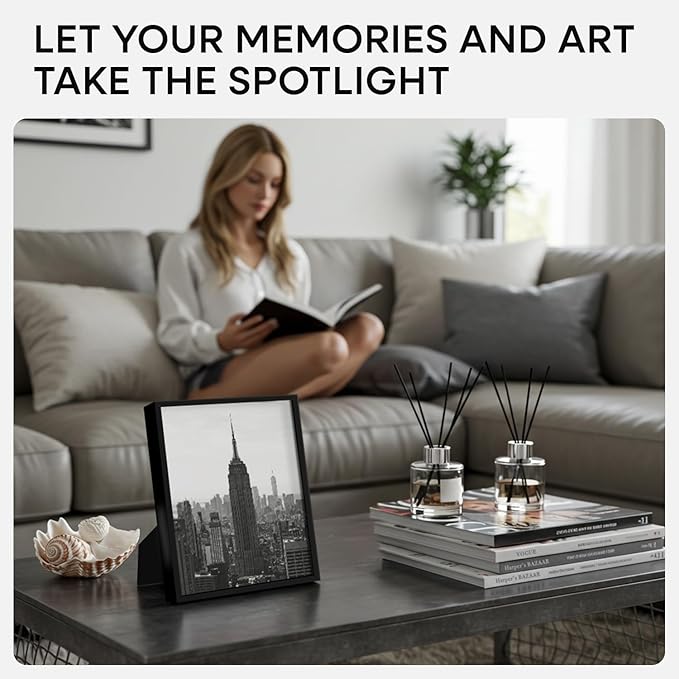 Homeforia Black Picture Frame 8.5 x 11, High End Metal 8.5x11 Poster Frames with Mat 6x8 Photo, 8.5 x 11 Frame Matted to 6 by 8 Art, 8.5by11 Wall or Tabletop Frames, Tempered Glass, Wall Kit, Set of 4