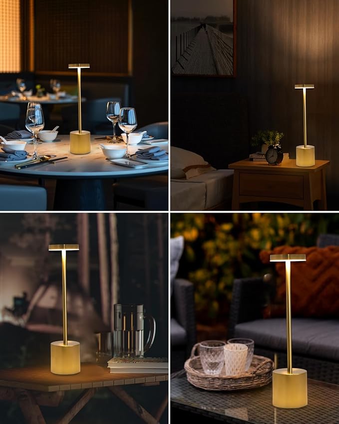 2 Pack LED Cordless Table Lamp, Portable 5000mAh Rechargeable Bedside Lamp, Touch Control Outdoor Table Lamps, 3 Color Dimmable Battery Operated Lamps for Bedroom//Restaurant/ Patio/ Outdoor - Gold