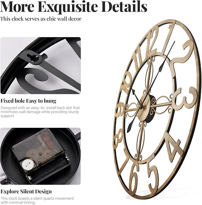 Cuspin Wall Clock, 16 Inch Bronze Metal Wall Clock Silent Non-Ticking Battery Operated, Large Round Retro Arabic Numerals Analog Decorative Clocks for Living Room Kitchen Mantel Office