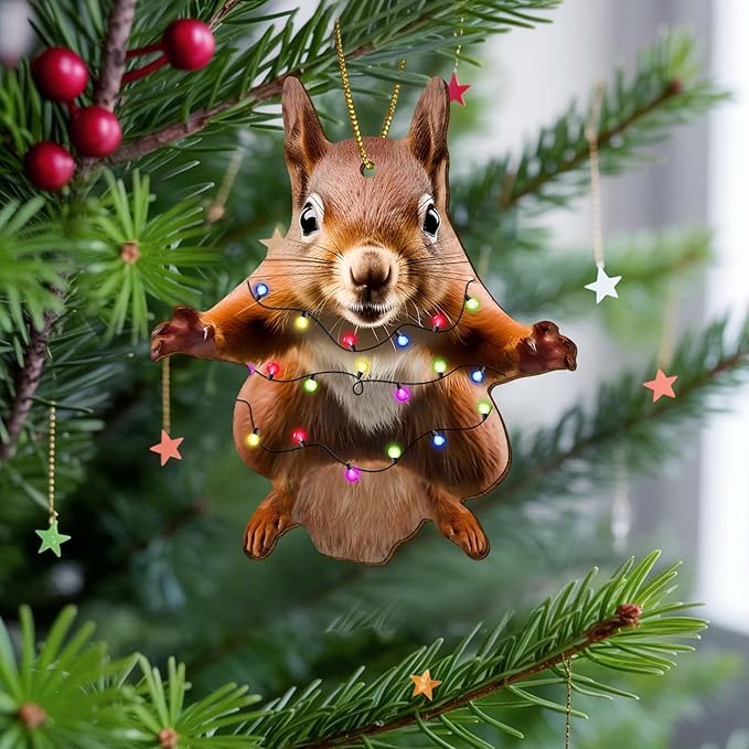 Flying Squirrel Christmas Tree Keepsake Ornaments, Squirrel Themed 2 Side Printed Flat Wooden Ornament, Animal Xmas Hanging Decor