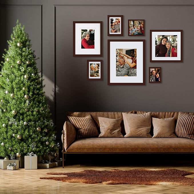 Egofine 5x7 Picture Frames Made of Solid Wood with Plexiglass, Display Pictures 3.5x5/4x6 with Mat or 5x7 Without Mat Set of 4 for Tabletop and Wall Mounting, Walnut Color