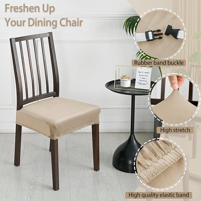 Dining Chair Seat Covers, Stretch Velvet Chair Seat Slipcovers Protector, Removable Washable Kitchen Chair Covers for Dining Room Chairs (Set of 2, Khaki)