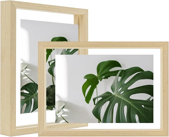 Egofine 6x8 Floating Frames Set of 2, Double Plexiglass Picture Frame, Made of Solid Wood Display Any Size Photo up to 6x8, Wall Mount or Tabletop Standing, Natural Wood